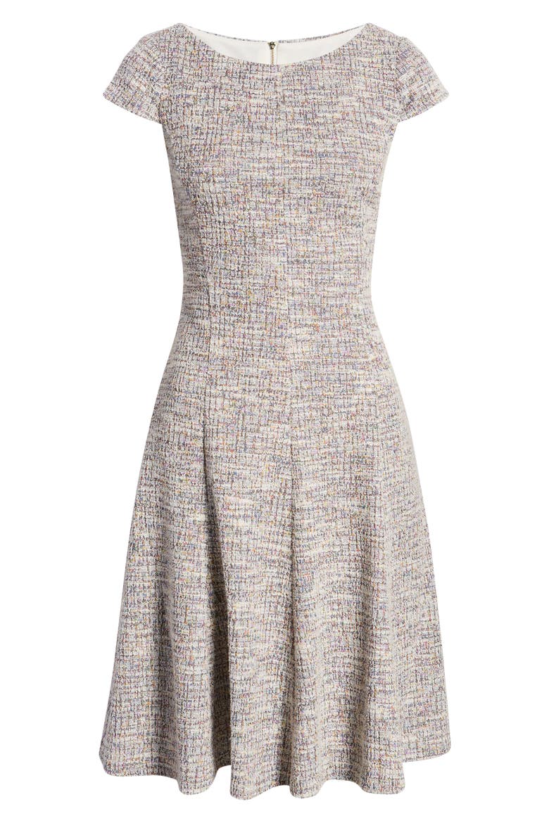 Bateau Neck Cap Sleeve Tweed Dress, Alternate, color, BLUE MULTI