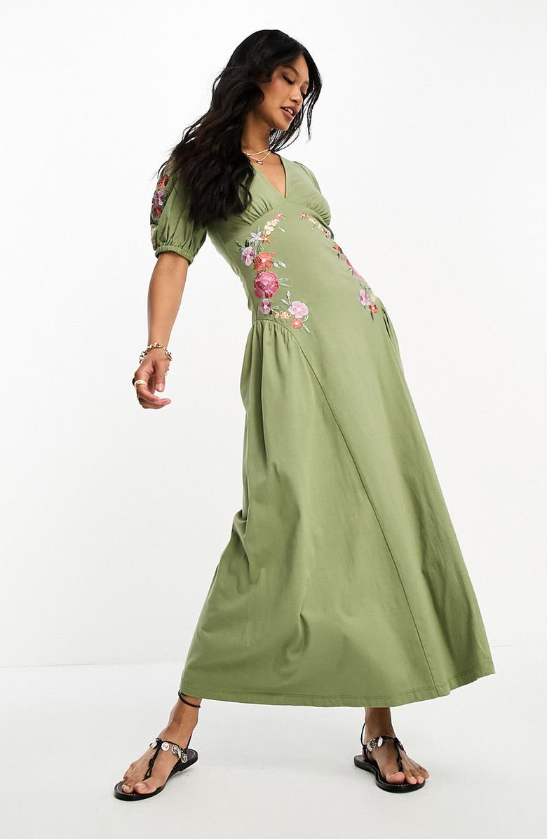 ASOS DESIGN Embroidered Puff Sleeve Cotton Midi Dress, Alternate, color, 
