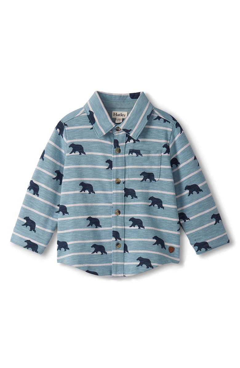 Hatley Bear Print Knit Cotton Button-Up Shirt, Main, color, Arona