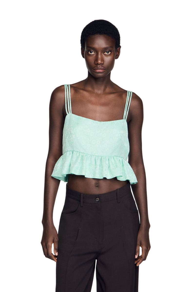SANDRO Floral jacquard ruffle crop top, Main, color, Light Green