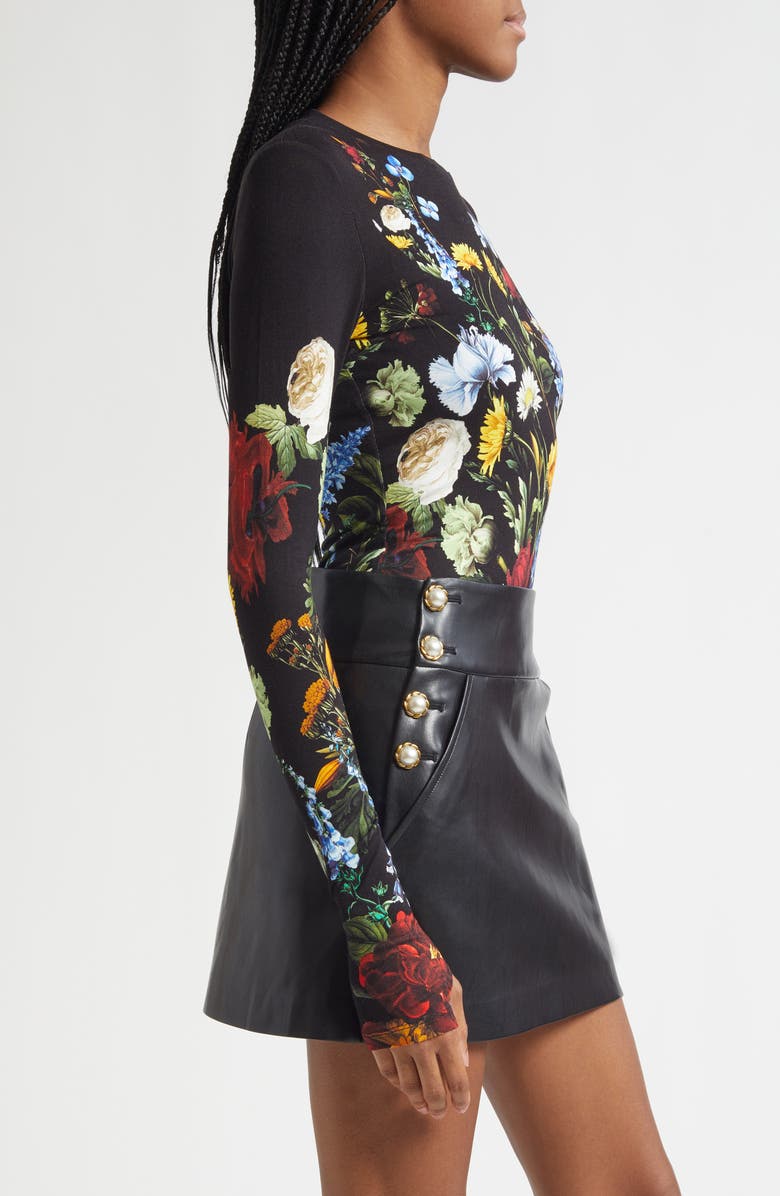 Alice + Olivia Olea Crewneck Long Sleeve Bodysuit, Alternate, color, Social Hour Black