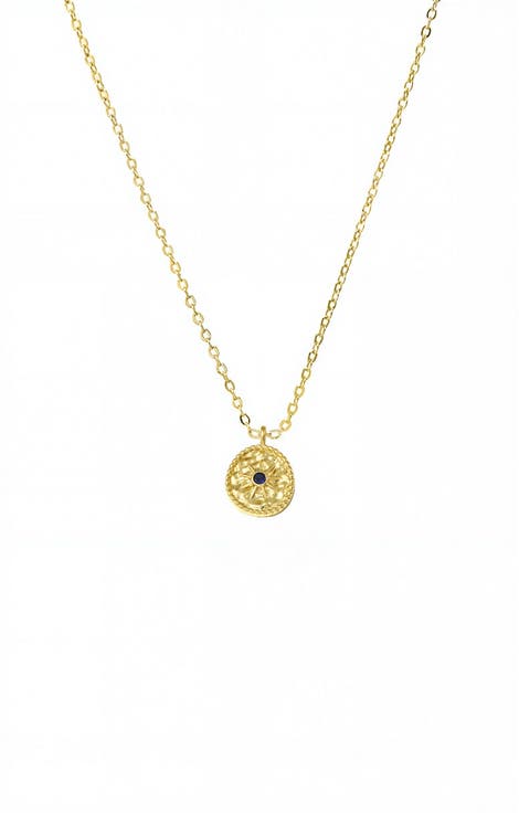 Blue CZ Textured Coin Necklace