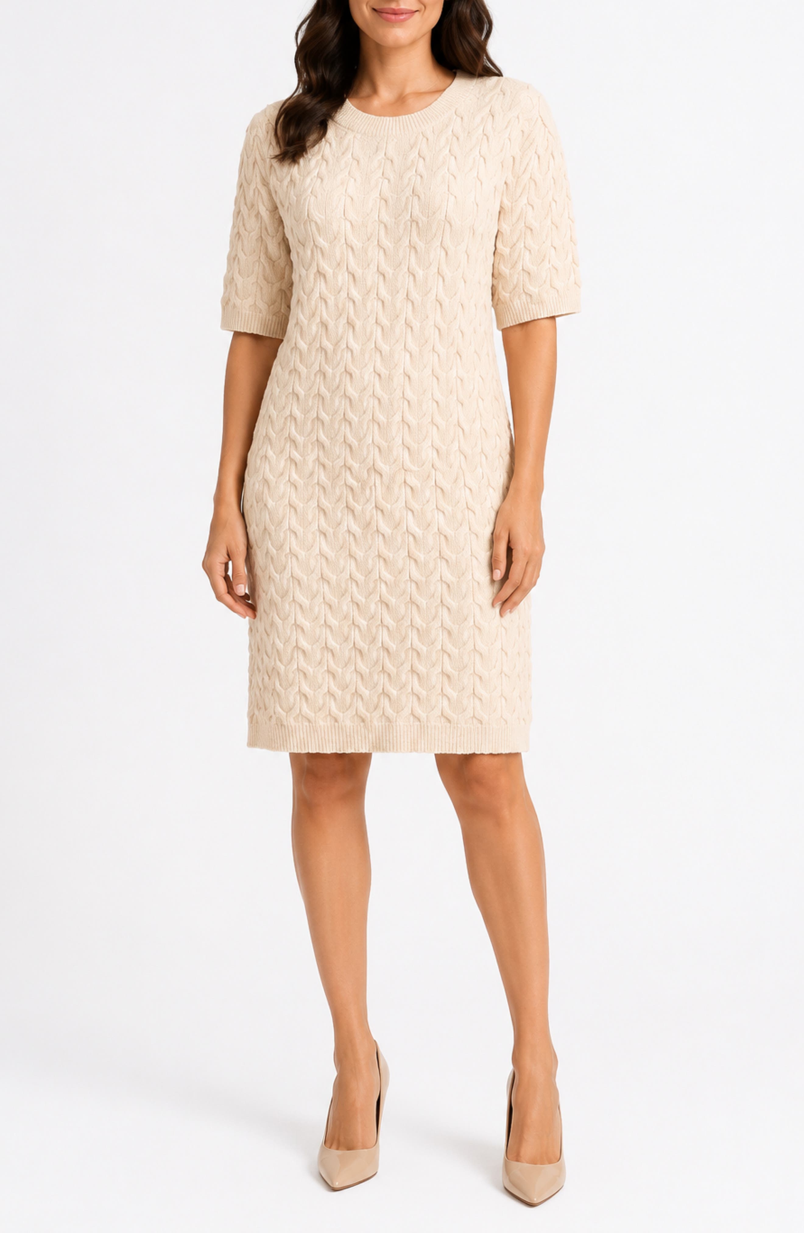 Short Sleeve Cable Knit Sheath Dress