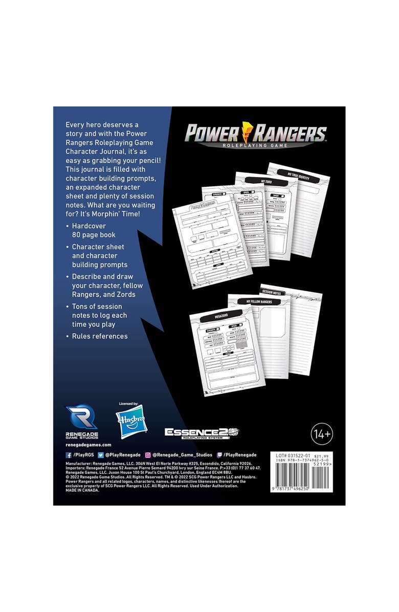 Renegade Game Studios Power Rangers Roleplaying Game Expanded Character Sheet Journal, Alternate, color, Black