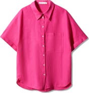 MANGO Pocket Linen Short Sleeve Button-Up Shirt