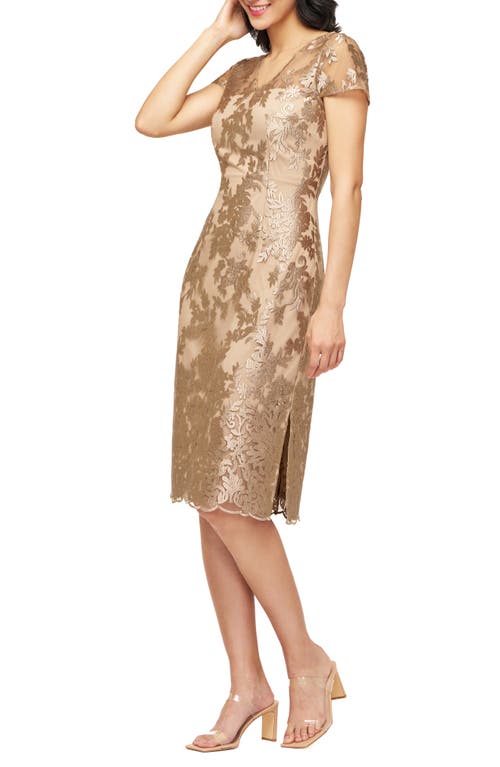 Js Collections Aviva Floral Embroidery Cocktail Midi Dress In Almond Buff