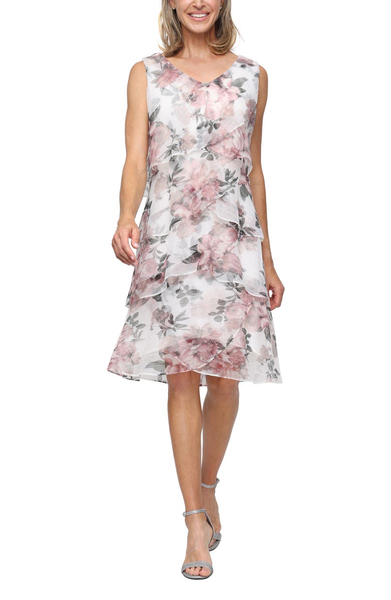 SL FASHIONS Floral Two-Piece Cape Cocktail Dress, Alternate, color, Blush Multi