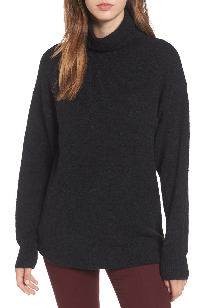Bouclé Turtleneck Tunic Sweater, Main, color, BLACK