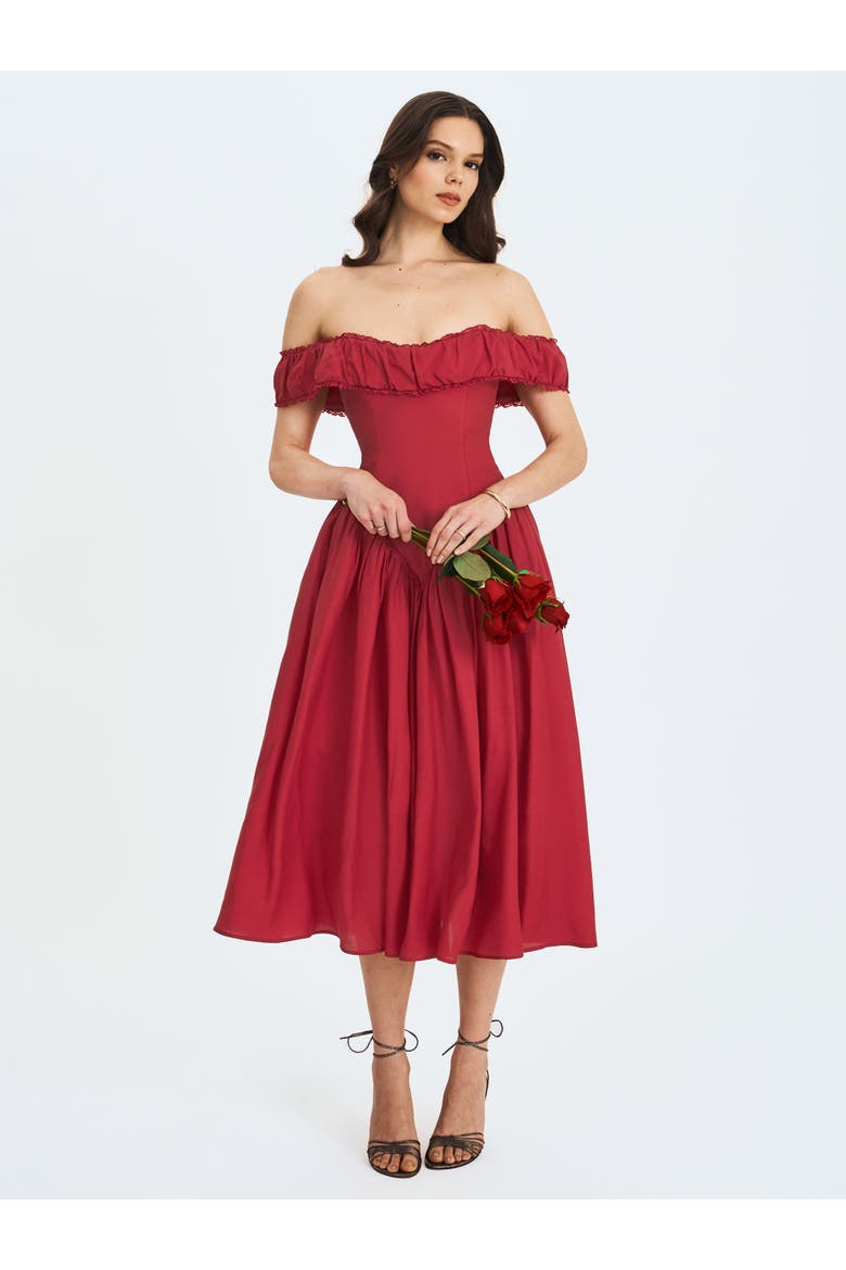 Xavy Drop Waist Off-Shoulder Corset Midi Dress, Alternate, color, Crimson