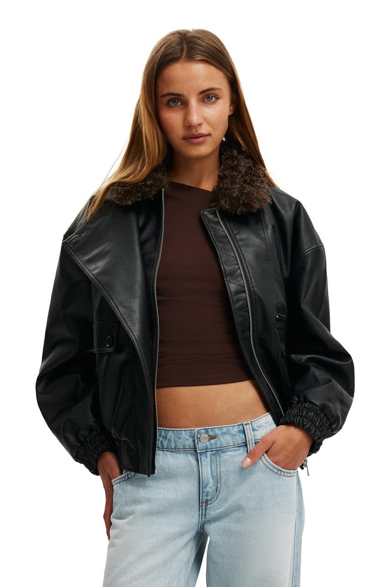 Cotton On Women
s Darcy Faux Leather Bomber, Main, color, Black