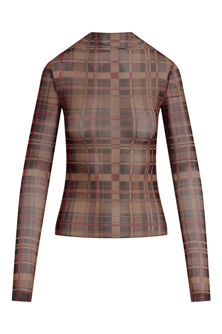 The Sheer Fantasy Mock Neck Top, Alternate, color, BROWN PLAID