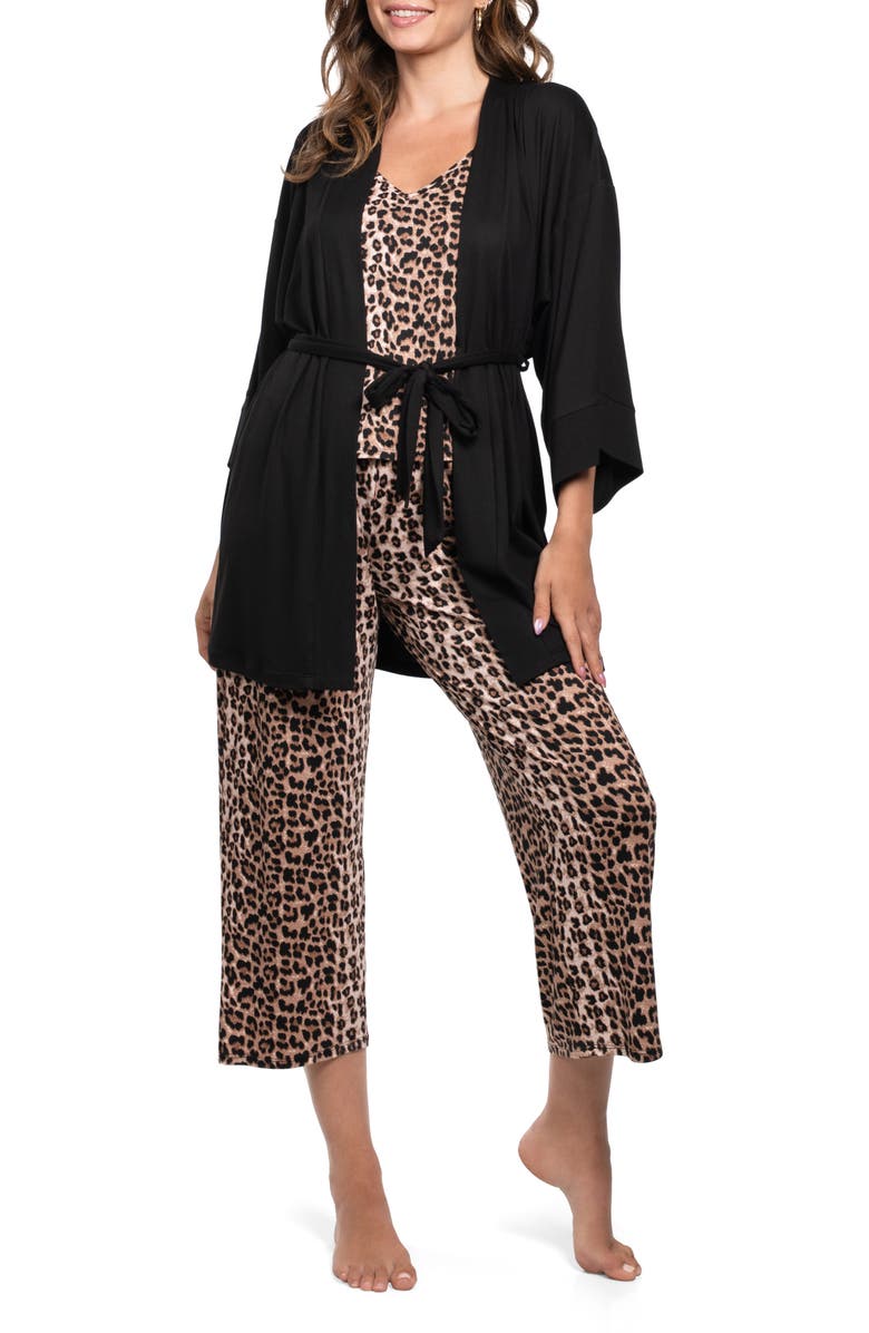 In Bloom by Jonquil Leopard Camisole Crop Pajamas & Robe Set, Main, color, Natural Animal