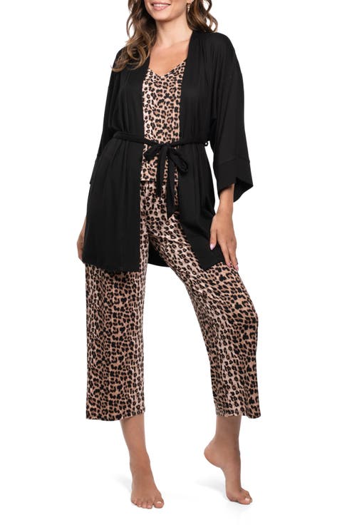 Leopard Camisole Crop Pajamas & Robe Set