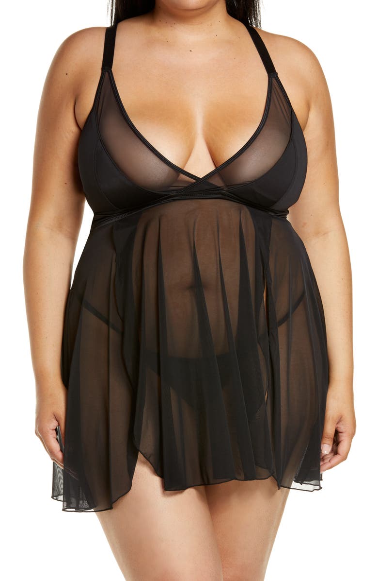 Coquette Caged Back Mesh Babydoll Chemise & G-String Thong, Main, color, Black