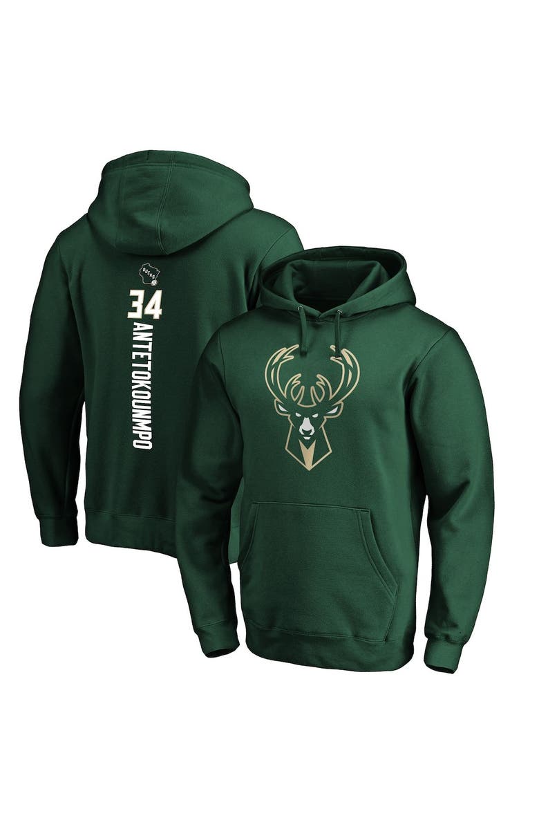 FANATICS Men's Fanatics Branded Giannis Antetokounmpo Hunter Green Milwaukee Bucks Team Playmaker Name & Number Pullover Hoodie, Main, color, 