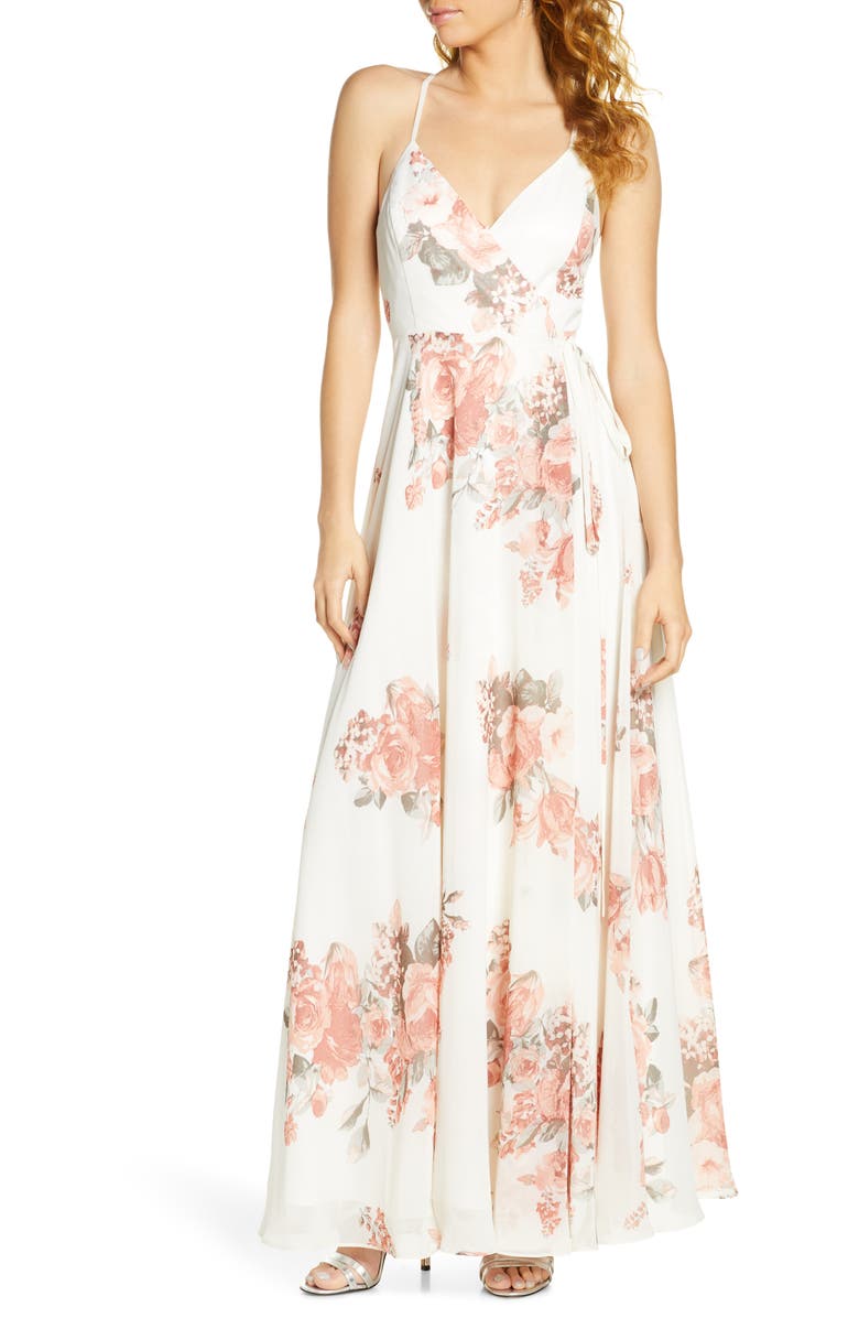Lulus Elegantly Inclined Floral Print Wrap Gown, Main, color,