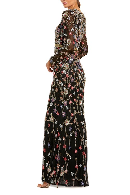 Mac Duggal Hand Embellished Long Sleeve High Neck Gown In Black Multi