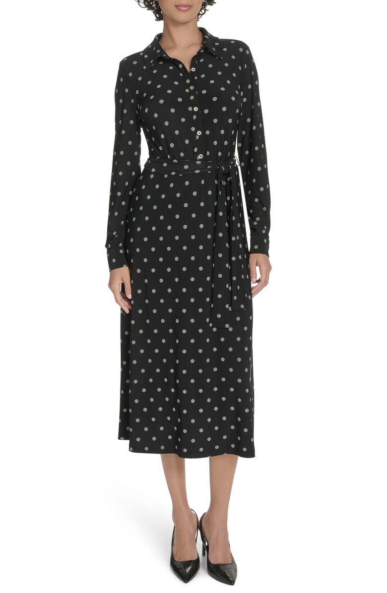 Tommy Hilfiger Long Sleeve Tie Waist Shirtdress, Main, color, Black/ Whitecap