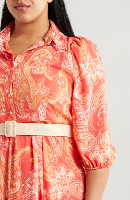 Tahari Asl Paisley Belted Fit & Flare Shirtdress In Coral Paisley