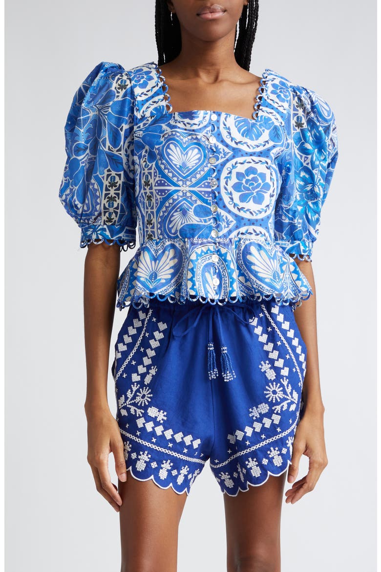 Tile Dream Cotton Puff Sleeve Peplum Top, Main, color, TILE DREAM MULTICOLOR