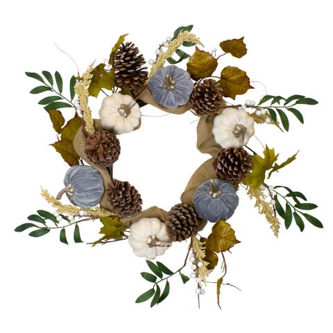 Pumpkins and Pinecones Artificial Burlap Fall Harvest Wreath - 24" - Beige and Green