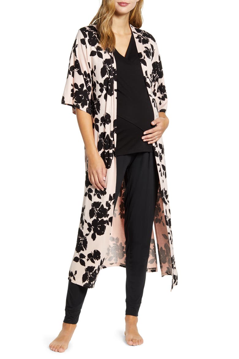 Maternity/Nursing Pajamas & Robe Set, Main, color, BLACK/ PINK