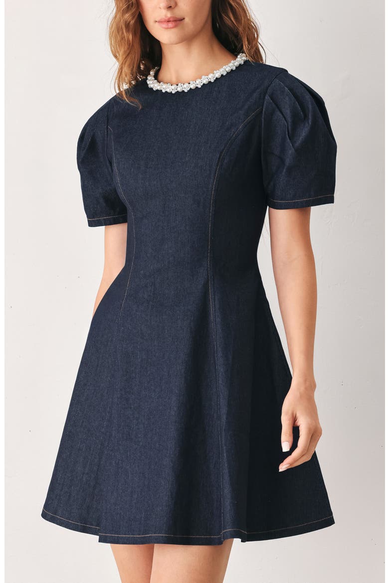 Embellished Short Sleeve Denim Minidress, Alternate, color, DARK DENIM