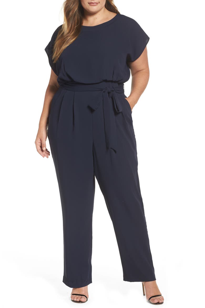 Tie Waist Crepe Wide Leg Jumpsuit, Main, color, NAVY