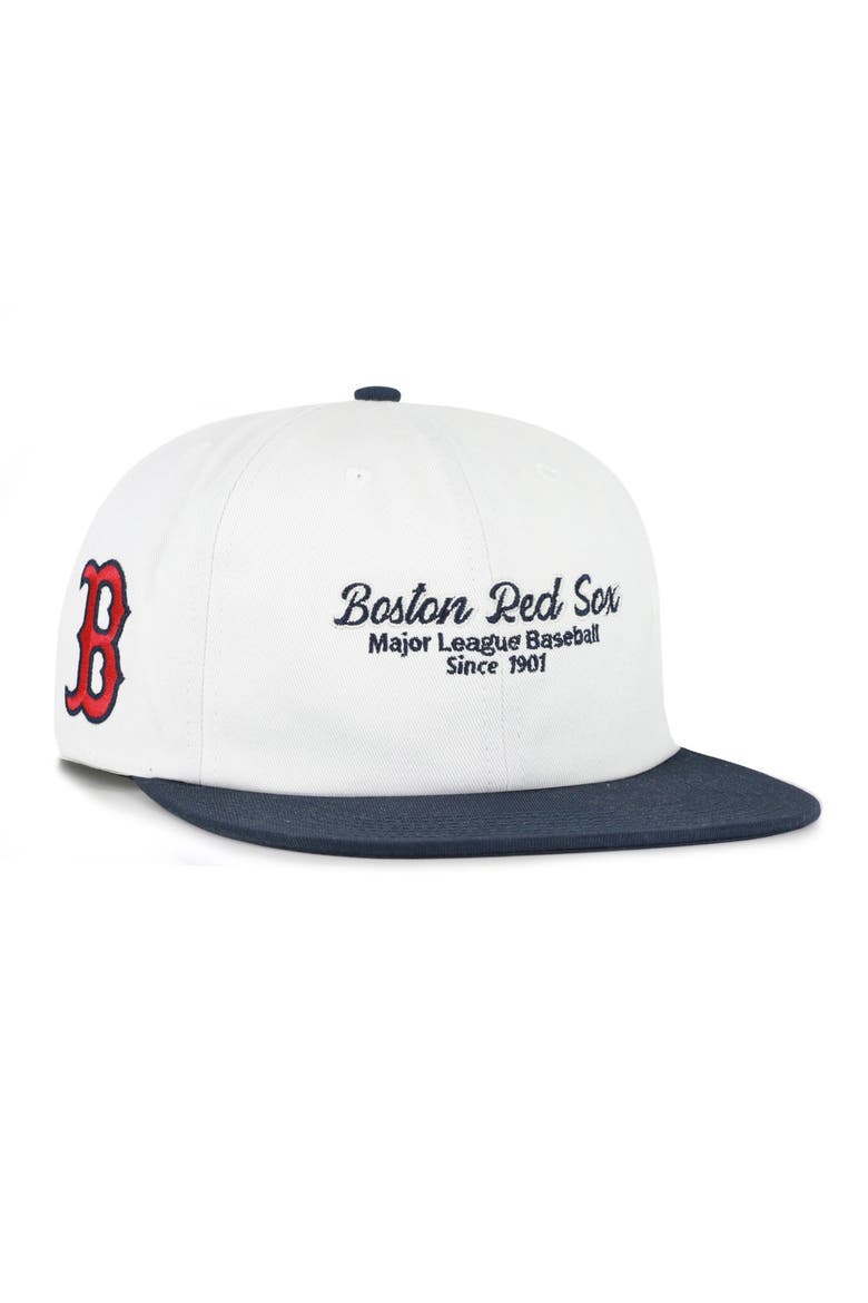 Men's '47 White/Navy Boston Red Sox Script Stack Relaxed Captain Snapback, Main, color, White