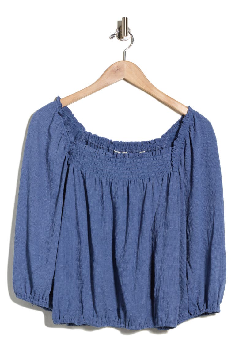 Crinkled Balloon Sleeve Bubble Hem Top, Alternate, color, BLUE