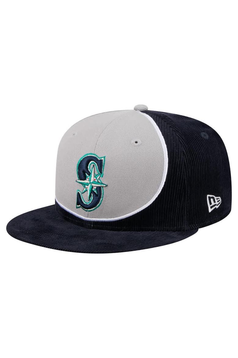 Men's New Era Navy/Gray Seattle Mariners Retro Split Corduroy Snapback Hat, Main, color, Navy