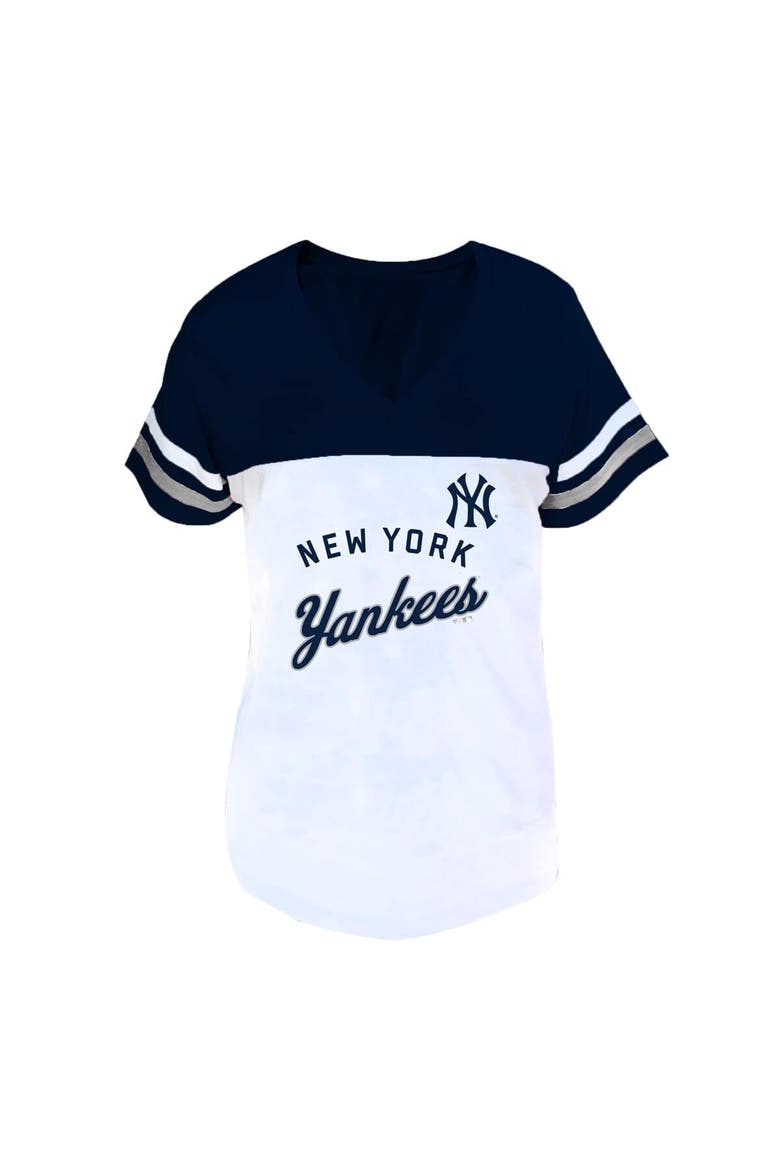 Women's Profile White/Navy New York Yankees Plus Size Two-Stripe V-Neck T-Shirt, Main, color, White