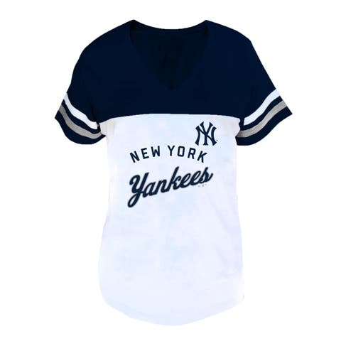 Women's Profile White/Navy New York Yankees Plus Size Two-Stripe V-Neck T-Shirt