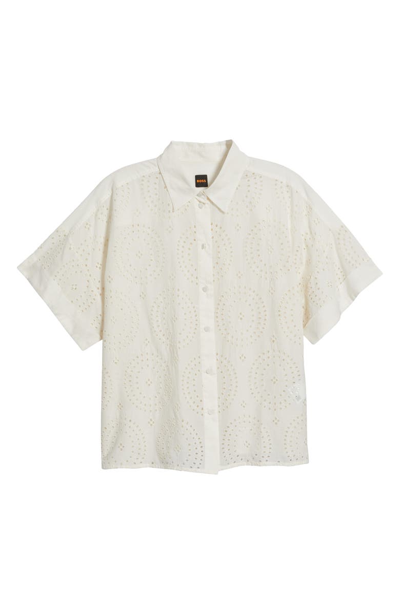 BOSS Orange Bisenas Embroidered Eyelet Button-Up Shirt, Alternate, color, Off White Eyelet