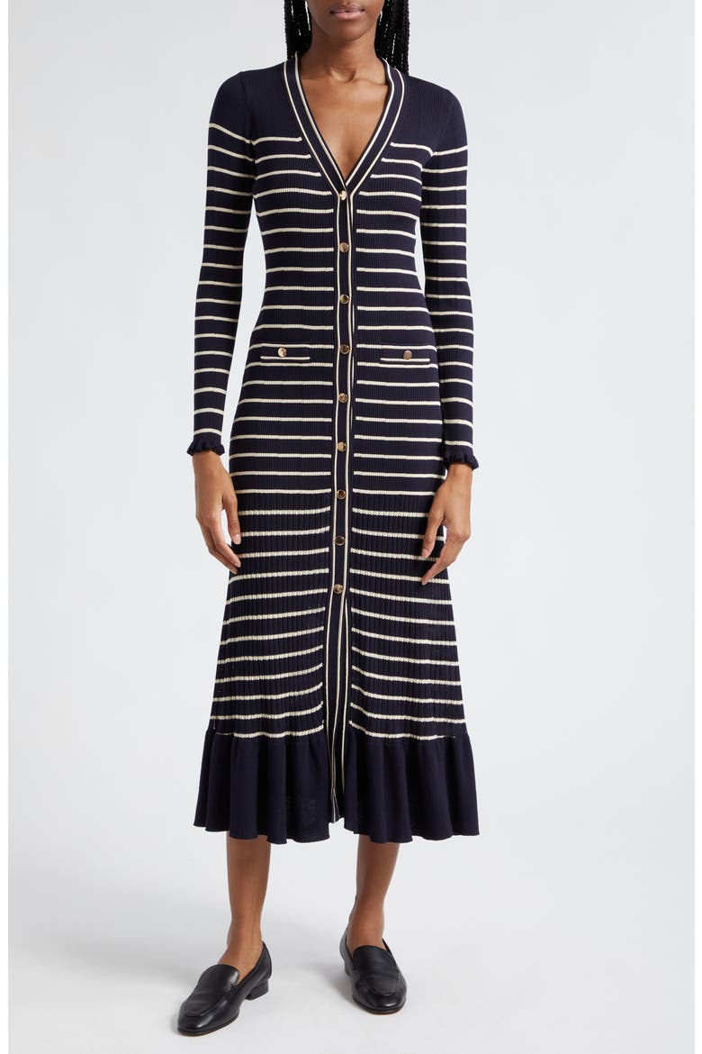 Marina Stripe Long Sleeve Midi Sweater Dress, Main, color, NAVY STRIPE