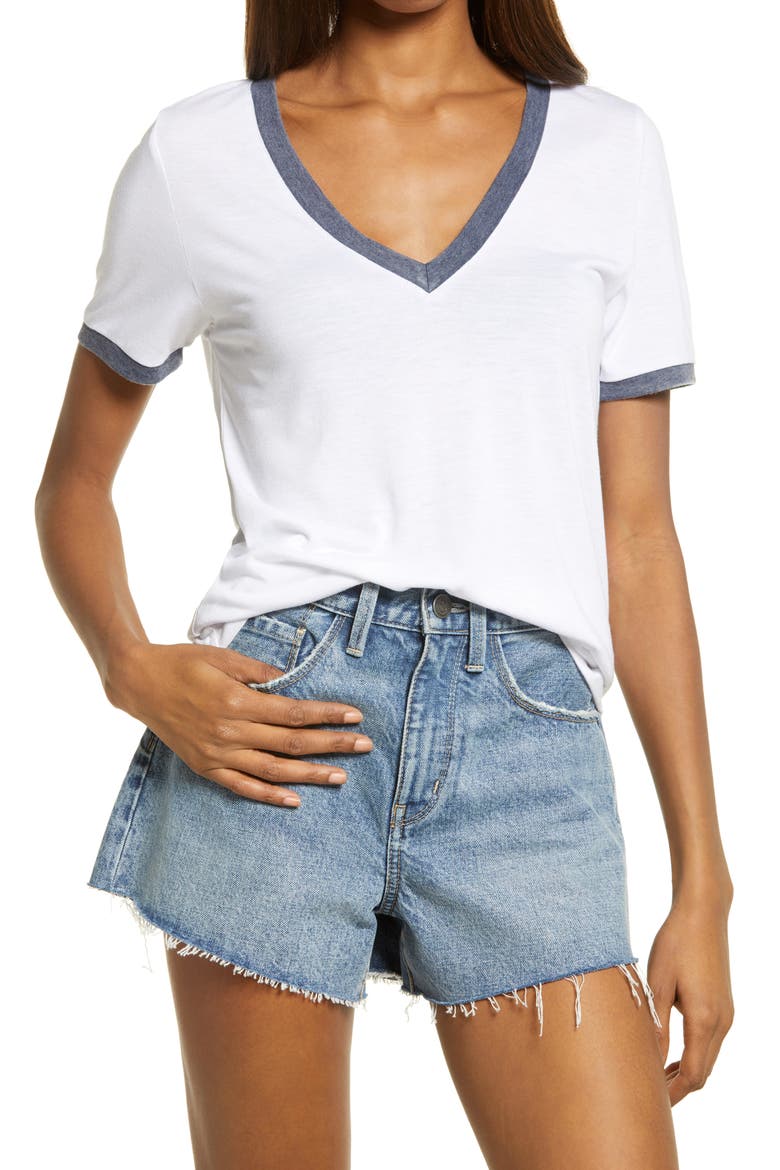 Ringer V-Neck T-Shirt, Main, color, WHITE- NAVY COMBO