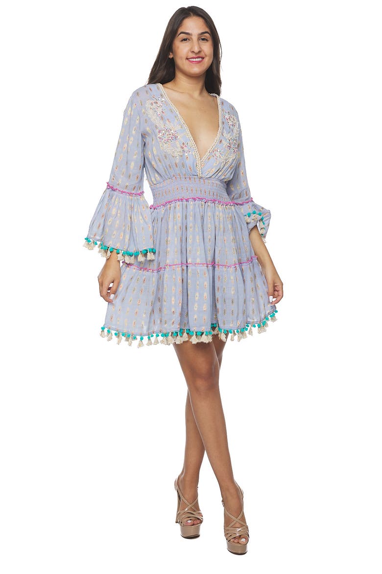 Pom Pom Long Sleeve Minidress, Alternate, color, BLUE