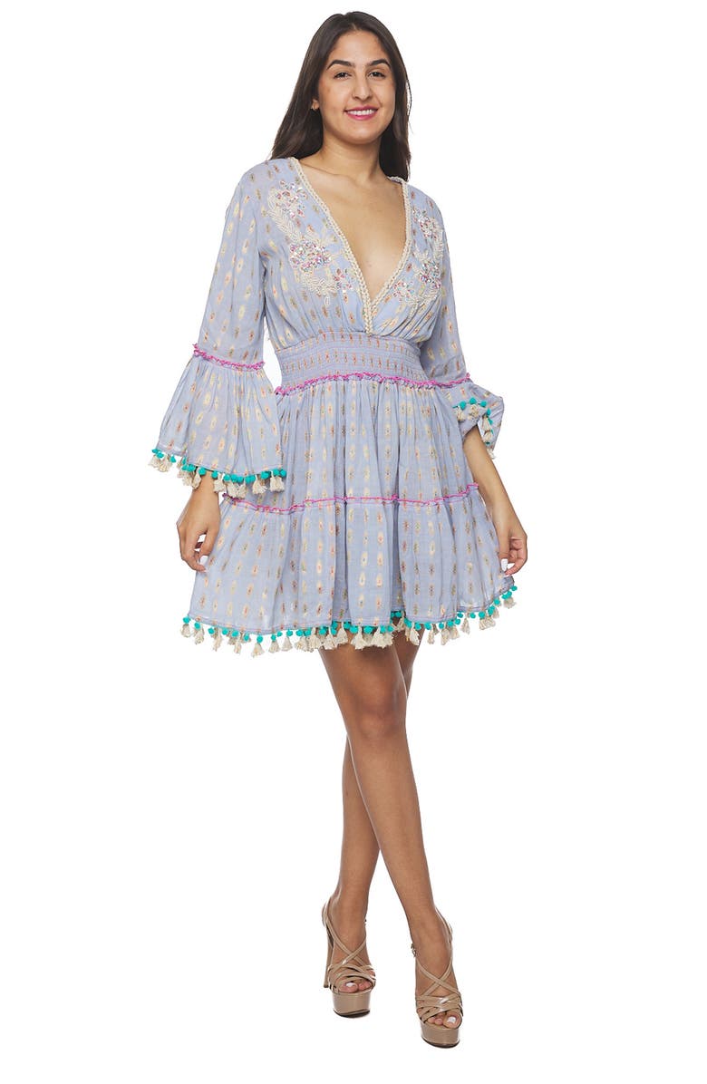 RANEES Pom Pom Long Sleeve Minidress, Alternate, color, Blue