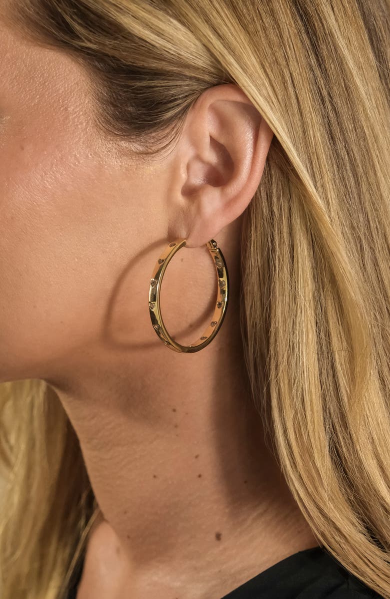 Sterling Forever Heart CZ Station Hoop Earrings, Alternate, color, Gold