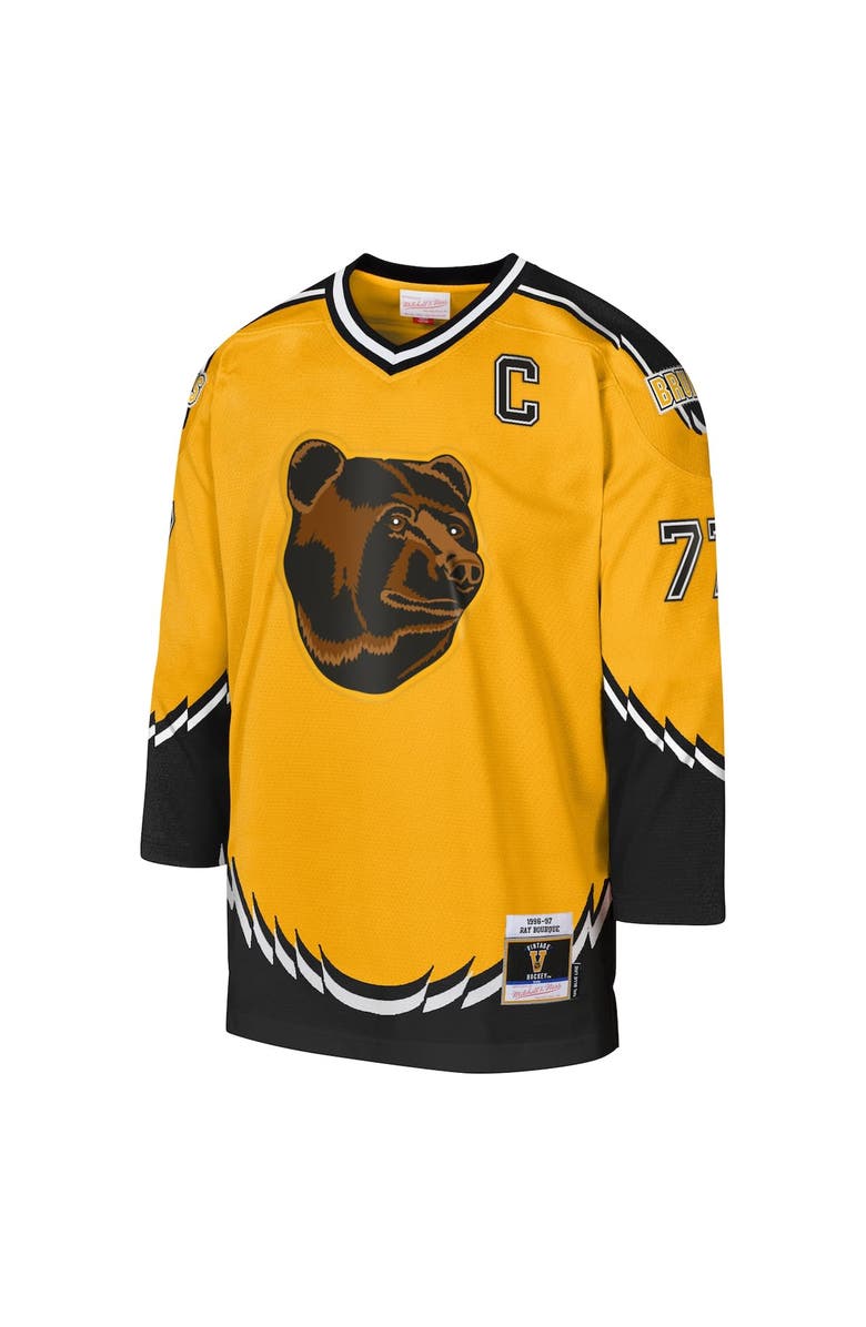 Mitchell & Ness Youth Mitchell & Ness Ray Bourque Gold Boston Bruins 1996-97 Blue Line Captain Patch Player Jersey, Alternate, color,