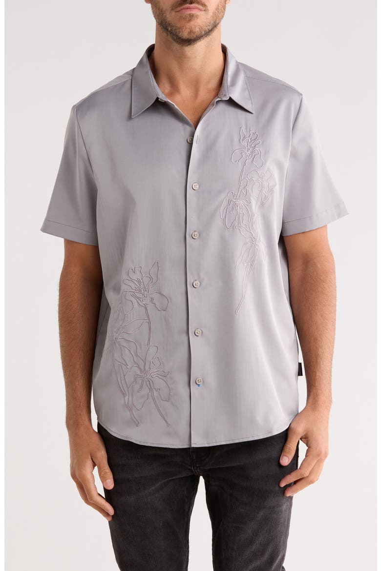 Floral Embroidered Short Sleeve Button-Up Shirt, Main, color, GULL