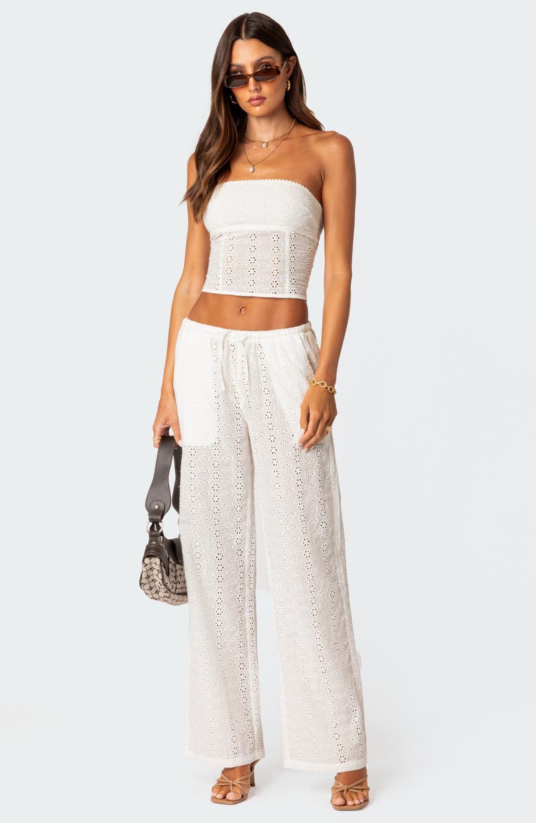 EDIKTED Lemon Eyelet Lace-Up Corset Crop Tube Top, Alternate, color, White