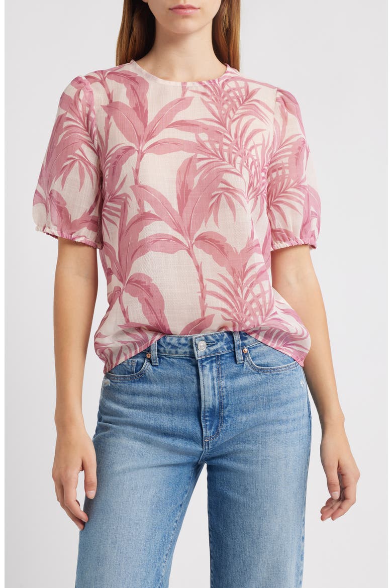 Palm Print Puff Sleeve Top, Main, color, PINK