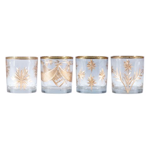 4-Piece Hand-Painted Etched Glass Tealight/Votive Holder Set, Clear with Gold Finish