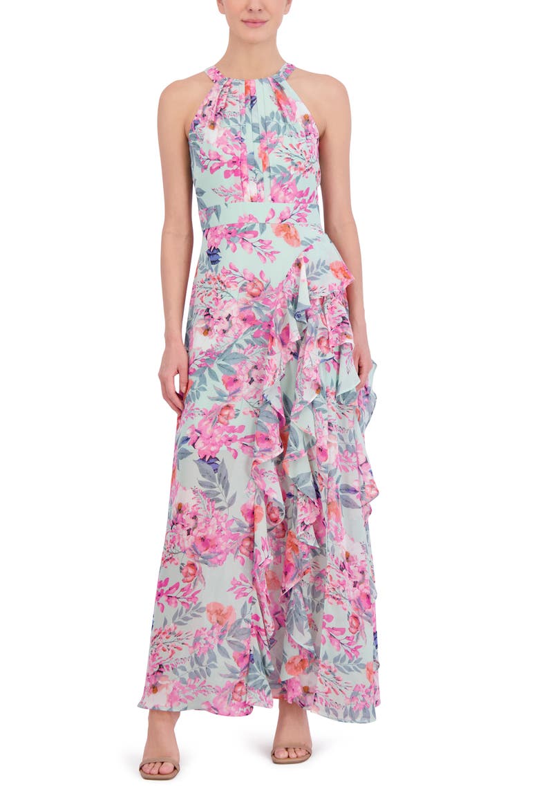 Floral Print Asymmetric Ruffle Sleeveless Maxi Dress, Alternate, color, MINT