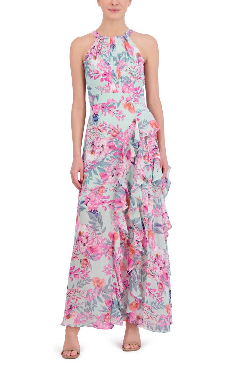 Eliza J Floral Print Asymmetric Ruffle Sleeveless Maxi Dress, Alternate, color, Mint