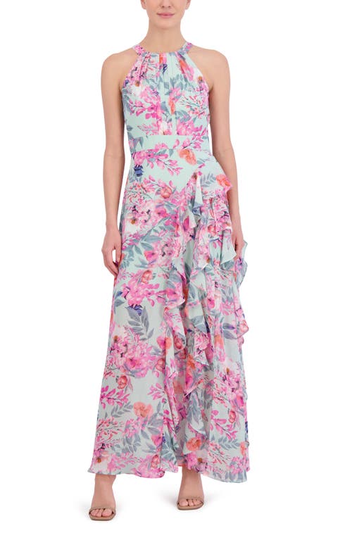 Eliza J Floral Print Asymmetric Ruffle Sleeveless Maxi Dress In Pink