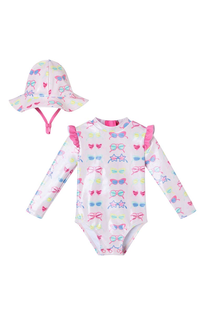 Andy & Evan Long Sleeve One-Piece Rashguard Swimsuit & Bucket Hat Set, Main, color, Pink