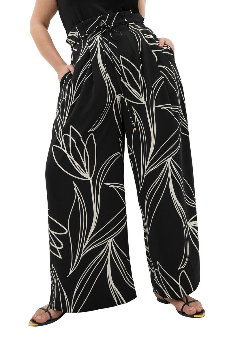 Shania Paperbag Waist Wide Leg Pants, Main, color, BLACK BLOOM
