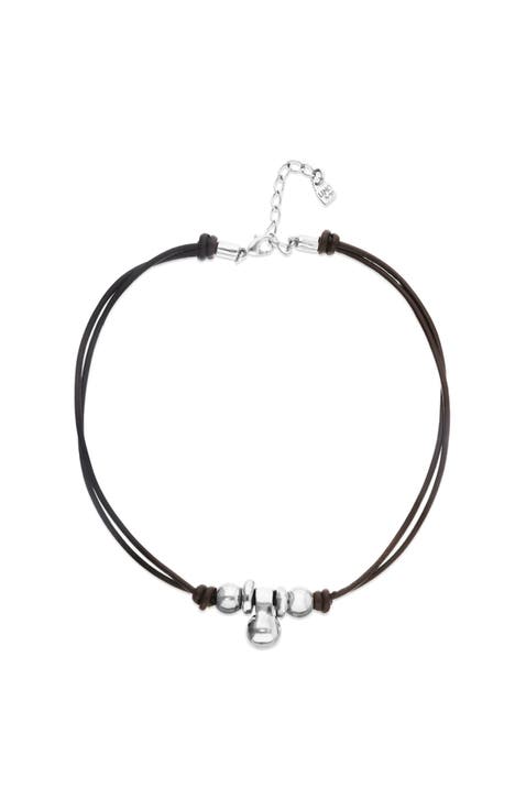 Leather necklace with three sterling silver-plated dials